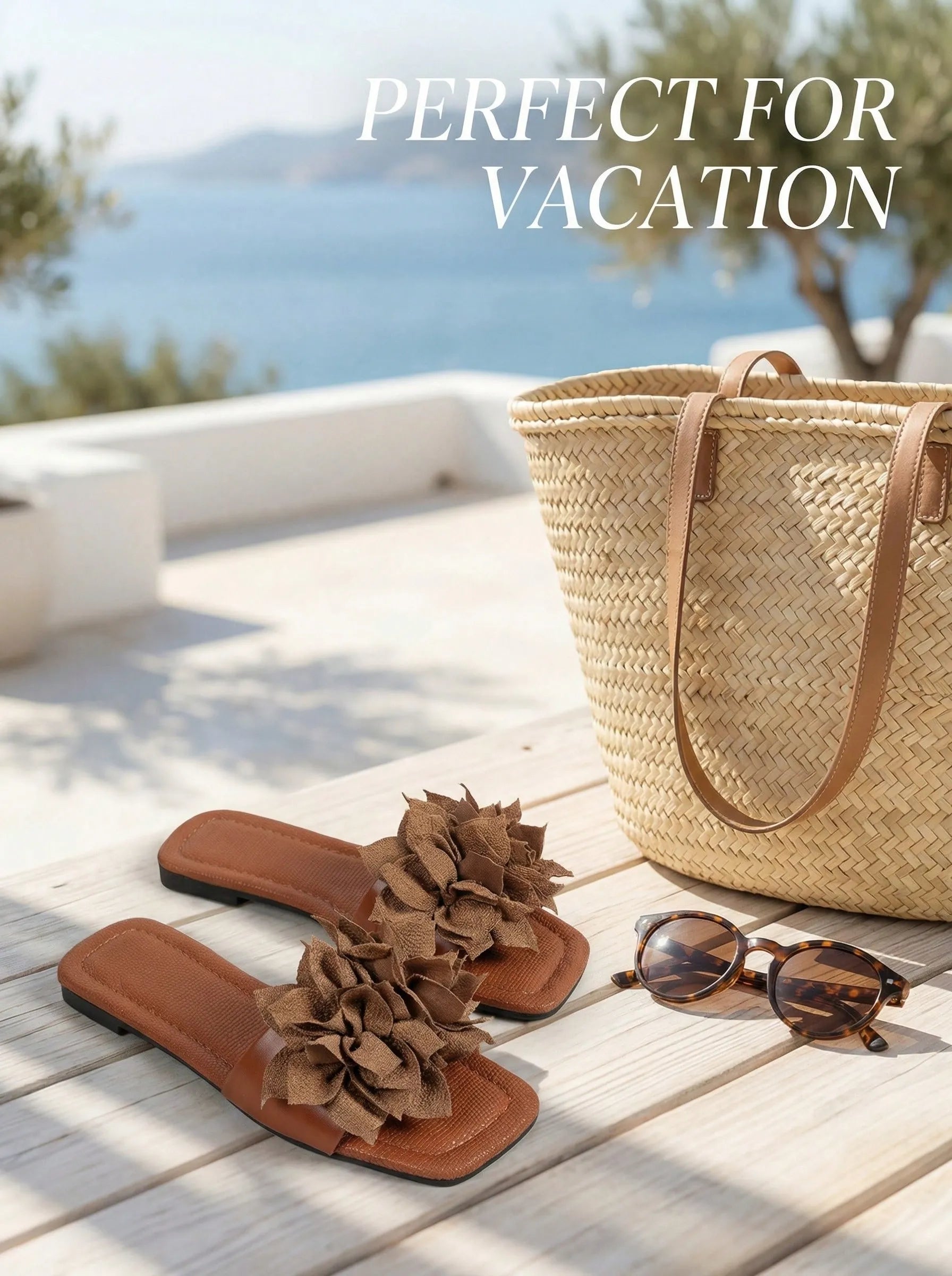 New women's comfortable and lightweight 3D floral-embellished flat sandals; vacation-style beach PU leather brown flip-flops—the perfect choice for summer outfits