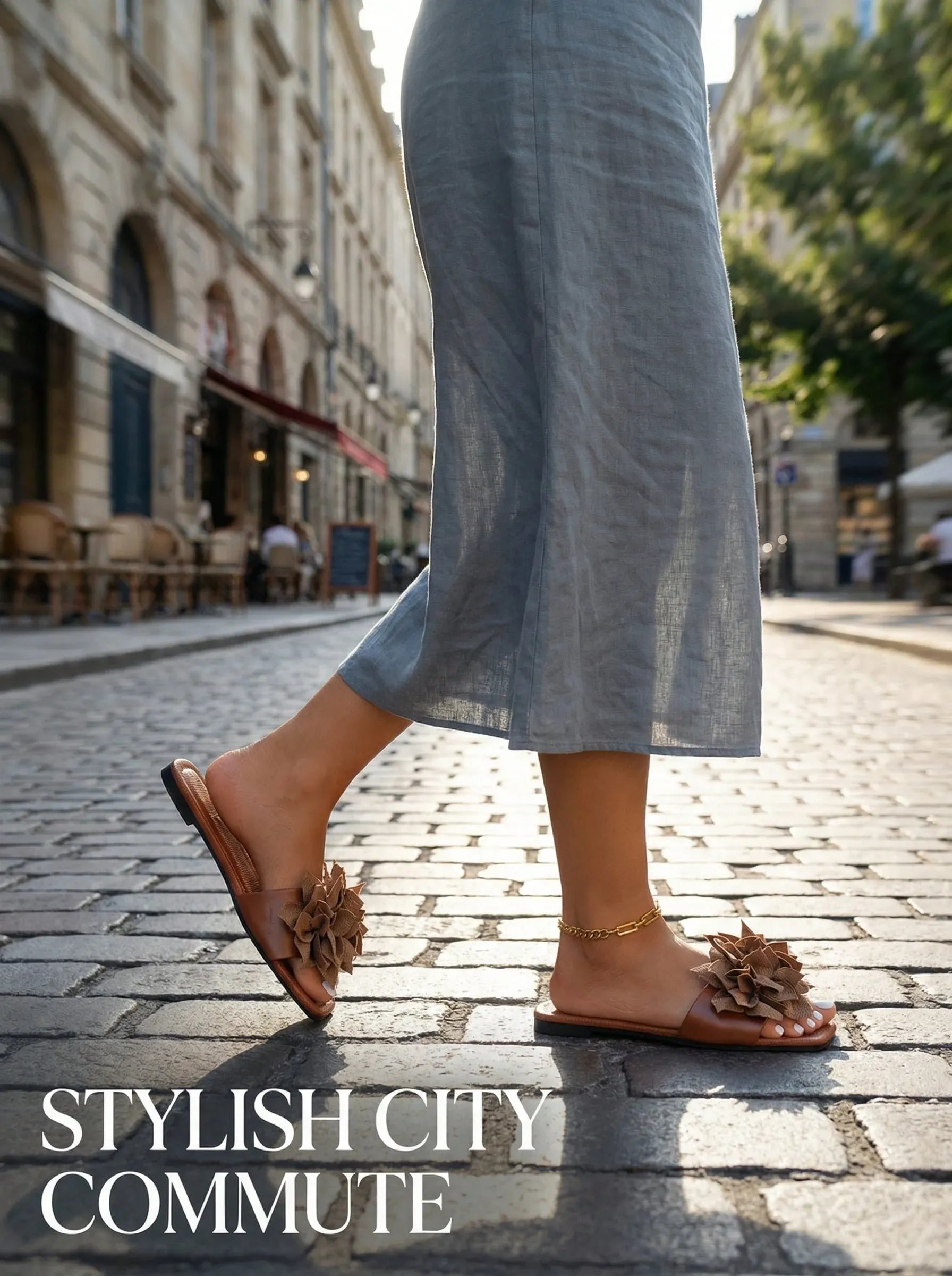 New women's comfortable and lightweight 3D floral-embellished flat sandals; vacation-style beach PU leather brown flip-flops—the perfect choice for summer outfits