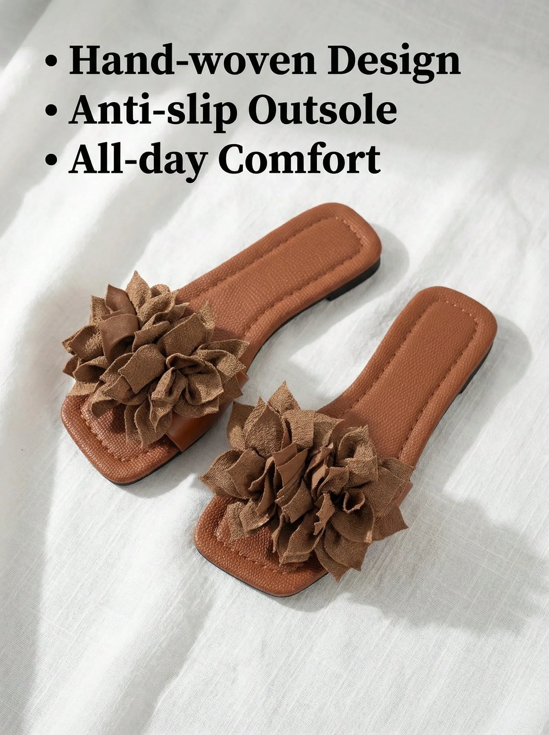 New women's comfortable and lightweight 3D floral-embellished flat sandals; vacation-style beach PU leather brown flip-flops—the perfect choice for summer outfits